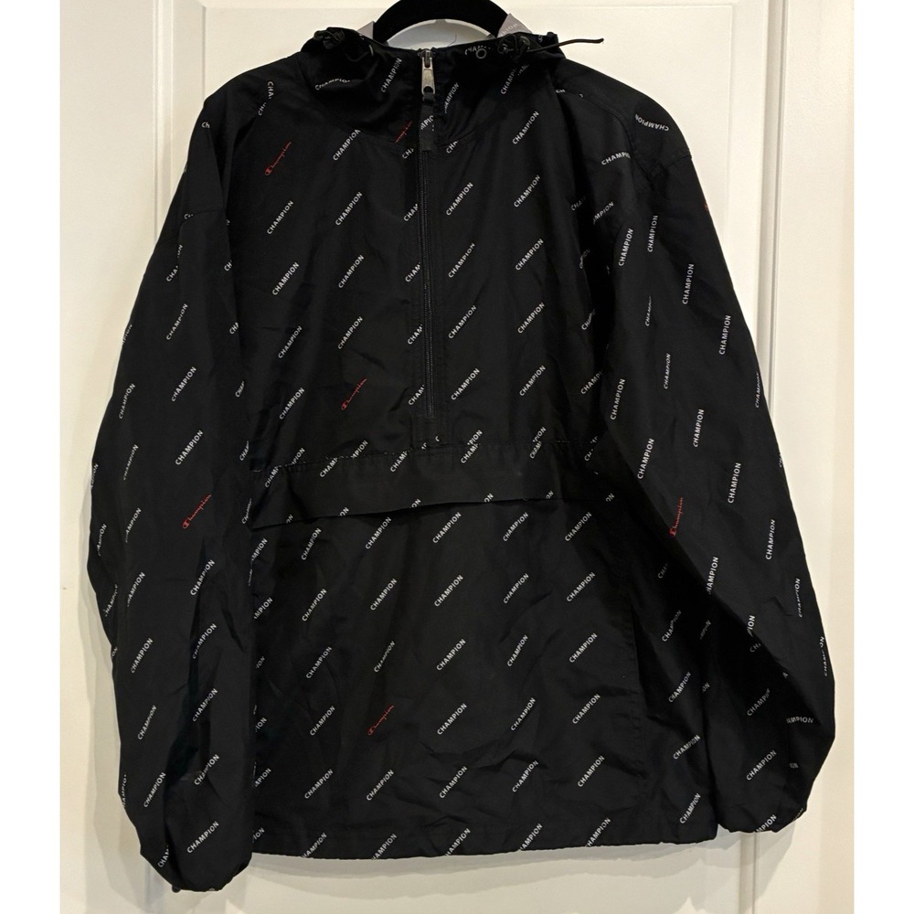 Champion Hooded Windbreaker Jacket Small S Black AOP Script Logo 1/4 Zip Anorak